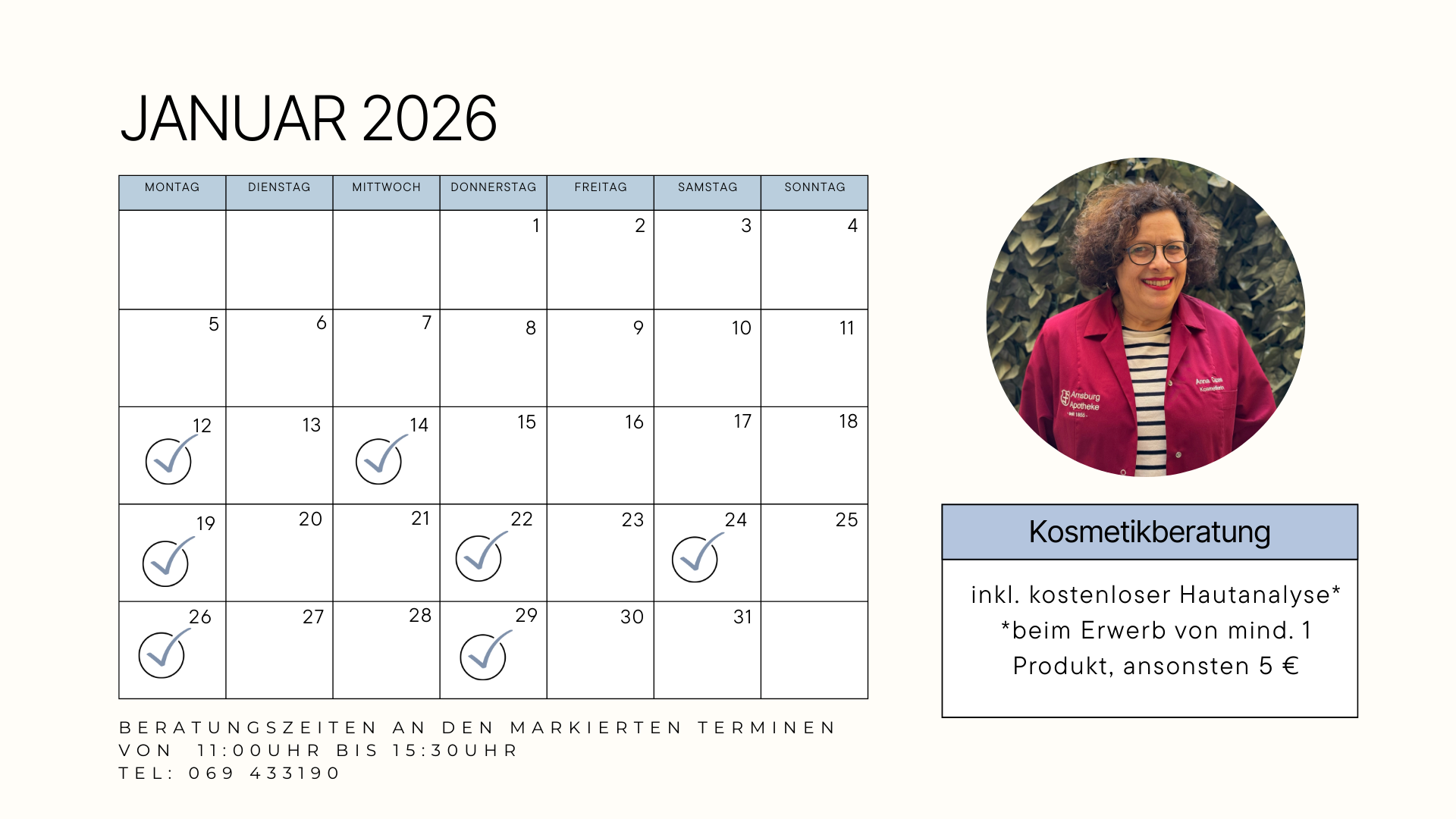Kosmetiktermine für Januar 2026 der Arnsburg Apotheke