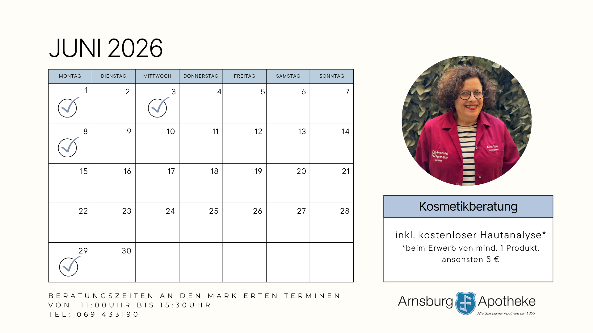 Kosmetiktermine für Juni 2026 der Arnsburg Apotheke